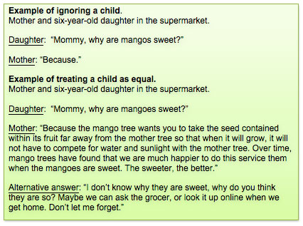 Text Box: Example of ignoring a child. Mother and six-year-old daughter in the supermarket. Daughter: Mommy, why are mangos sweet? Mother: Because. Example of treating a child as equal. Mother and six-year-old daughter in the supermarket. Daughter: Mommy, why are mangoes sweet? Mother: Because the mango tree wants you to take the seed contained within its fruit far away from the mother tree so that when it will grow, it will not have to compete for water and sunlight with the mother tree. Over time, mango trees have found that we are much happier to do this service them when the mangoes are sweet. The sweeter, the better. Alternative answer: I don't know why they are sweet, why do you think they are so? Maybe we can ask the grocer, or look it up online when we get home. Don't let me forget.